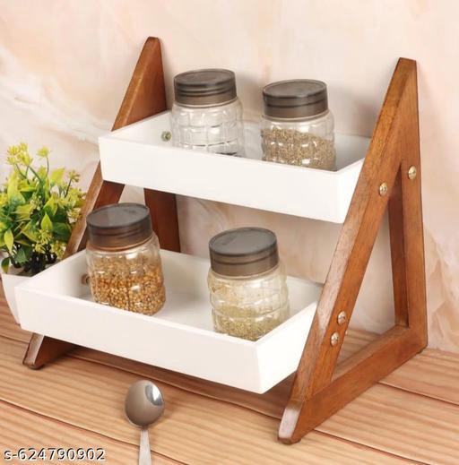 Deligno Mart 2-Tier MDF Wooden Spice Rack & Kitchen Organizer for Countertop | Dual Shelf Storage Stand| Natural Brown Finish with White Trays – Rack Only
