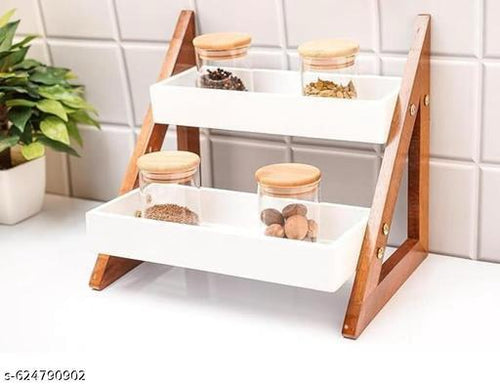 Deligno Mart 2-Tier MDF Wooden Spice Rack & Kitchen Organizer for Countertop | Dual Shelf Storage Stand| Natural Brown Finish with White Trays – Rack Only