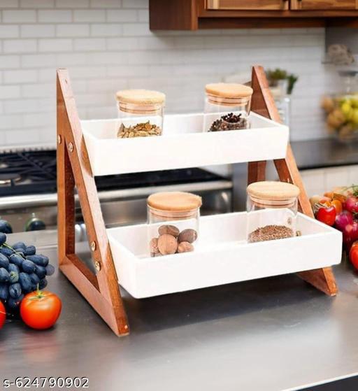 Deligno Mart 2-Tier MDF Wooden Spice Rack & Kitchen Organizer for Countertop | Dual Shelf Storage Stand| Natural Brown Finish with White Trays – Rack Only