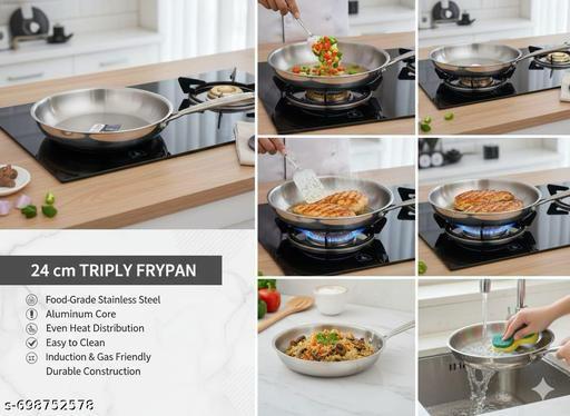Tri Ply Stainless Steel Fry Pan 24 cm | Induction & Gas Stove Compatible | Heavy Bottom Frying Pan for Cooking
